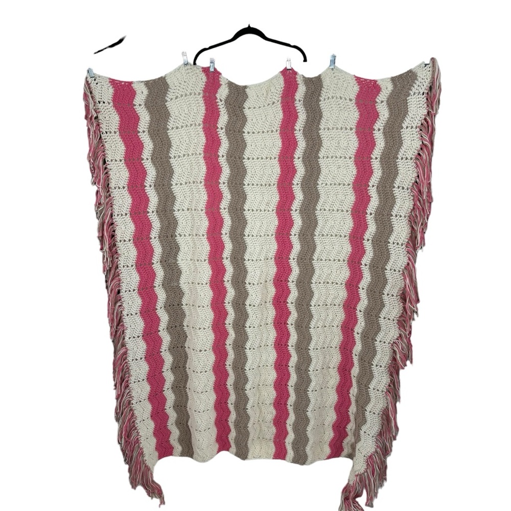 *Beautiful Hand Knit Afghan Throw in Pink Tan and White.